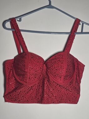 Red Rhinestone Bustier Crop Top Sparkly Party Clubwear - Festival/Stage Outfit